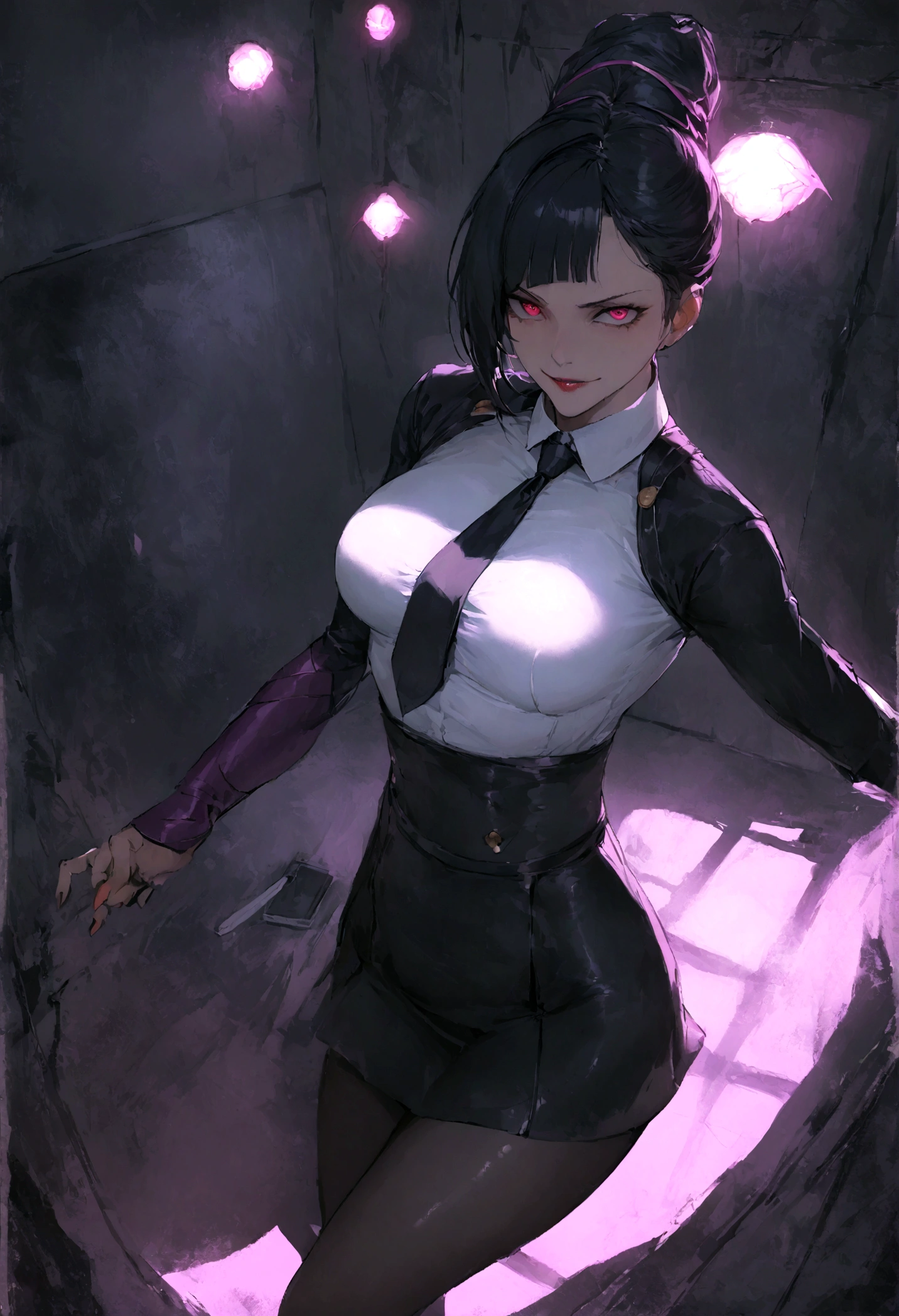 juri han, work of art, tight white secretary shirt with black tie, black high waist skirt, short skirt, black hair, black tights,evil smile,office,franja nos olhos,lighting,chifre de cabelos,view from above,olhando para cima