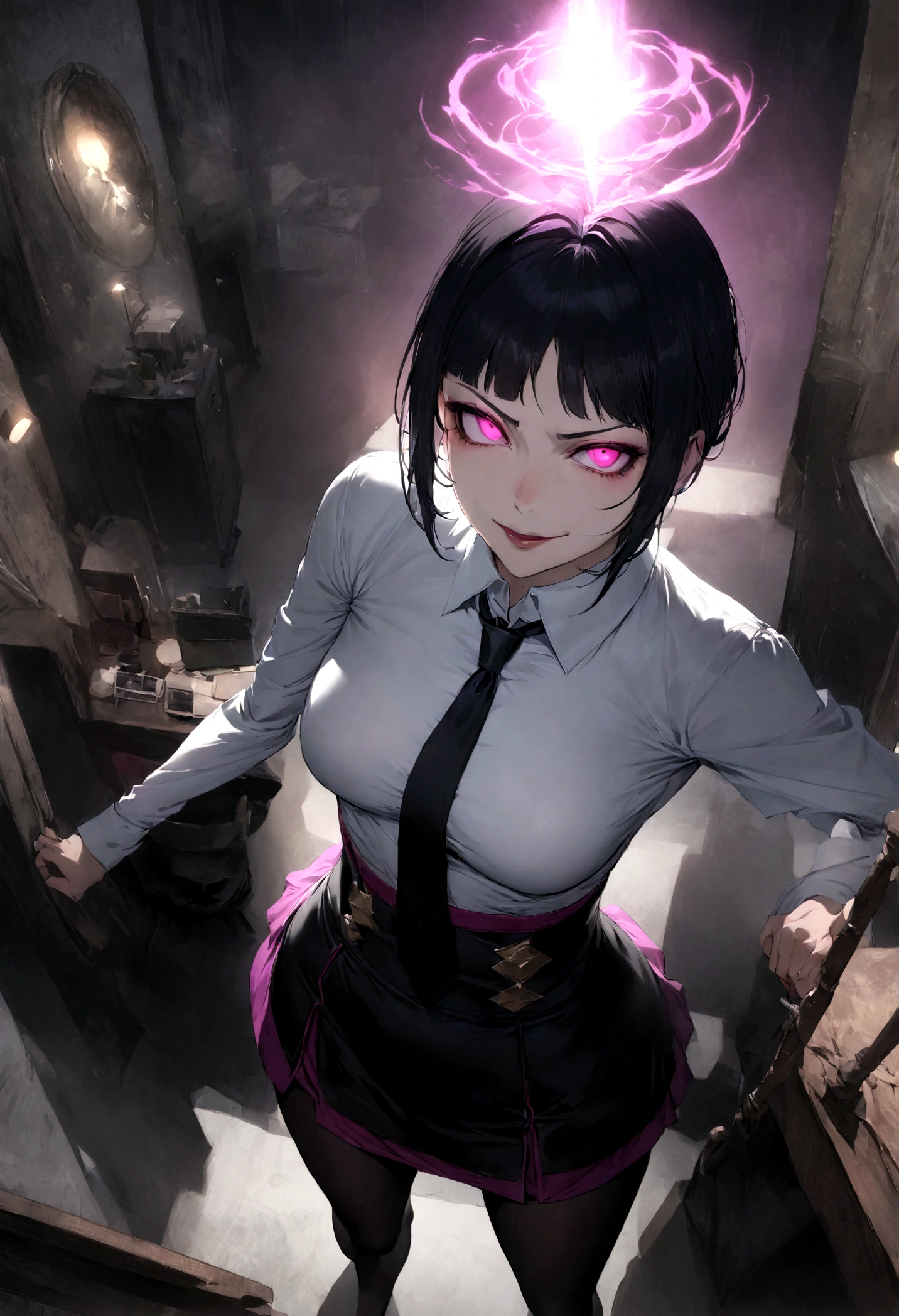 juri han, work of art, tight white secretary shirt with black tie, black high waist skirt, short skirt, black hair, black tights,evil smile,office,franja nos olhos,lighting,chifre de cabelos,view from above,olhando para cima