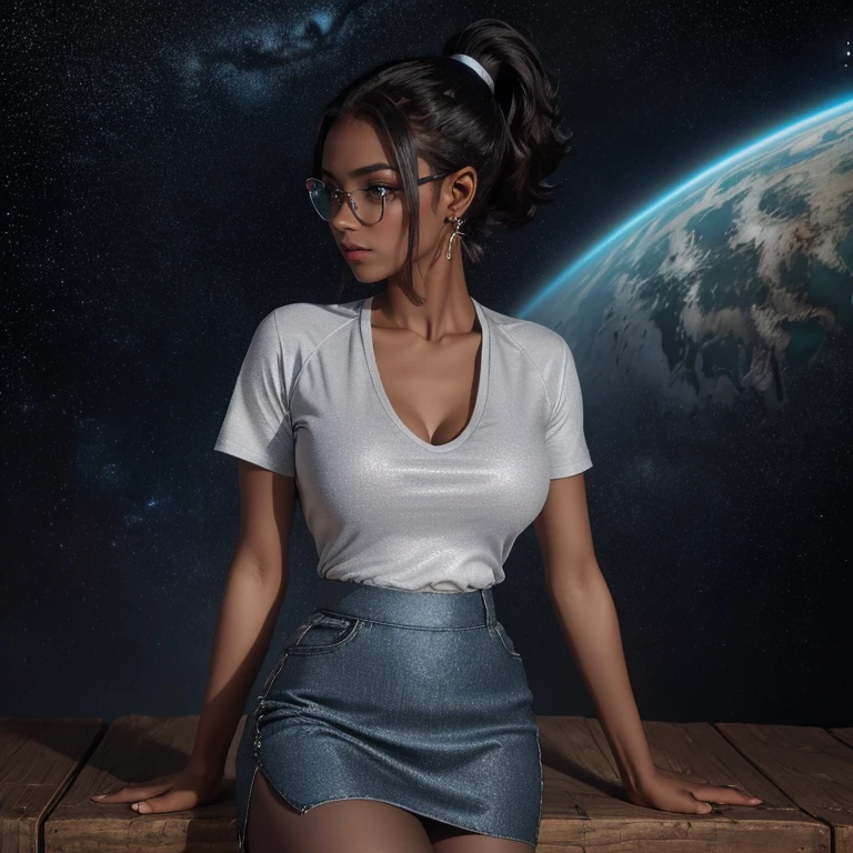 1girl dark skin, big breasts, wears thick-framed glasses that highlight her facial features, with short hair, ponytail and gray, silver shirt, Underneath the shirt she wears another tight shirt, with details in vibrant colors reminiscent of the stars and planets of outer space, and a blue skirt high-top boots with non-slip soles,