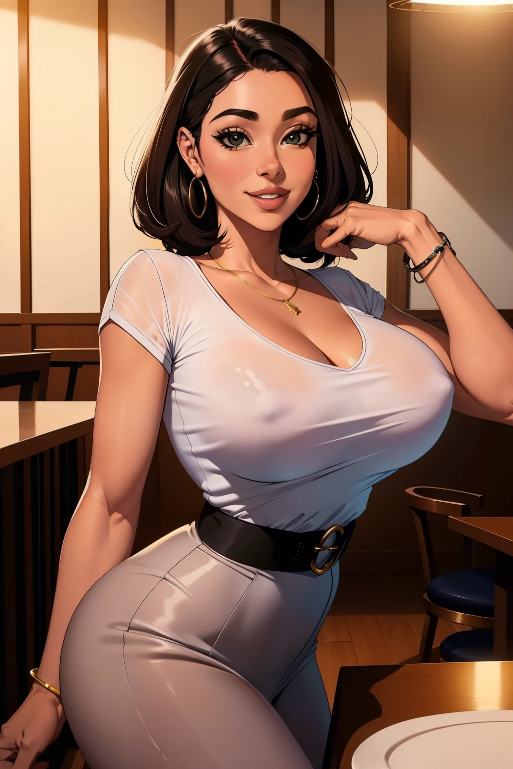 Desenho, uma mulher com cabelo castanho longo passando do ombro, pele clara, olhos castanhos, trajando uma camisa de mangas curtas e tacadas sensuais, uma feia cintura preta, posing with hand on forehead, ombros apoiados contra um canto, olhando para o visualizador, seios macios e grandes, bem apoiados sobre uma mesa, um sorriso encantador brilhando em seu rosto. The setting is elegant, com um restaurante lotado ao fundo, iluminado por velas