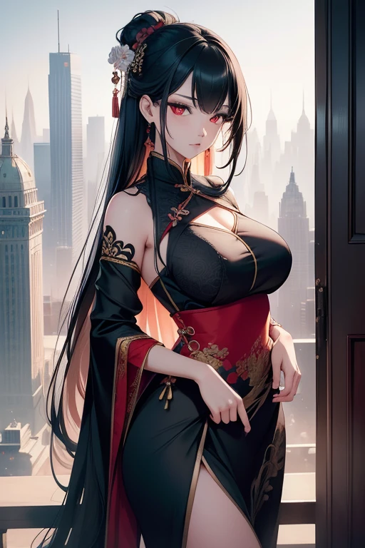 A breathtaking masterpiece unfolds in this high-resolution image, showcasing a captivating woman donning a traditional Chinese dress, adorned with intricate patterns. Her black hair cascades down her shoulders like a waterfall, and her piercing red eyes exude an enchanting allure. The dress, with its average bust, fits her body elegantly against the urban cityscape backdrop. The elaborate design of her dress, combined with the delicate details of the city, adds depth and dimension to this stunning composition. A softly lit cityscape serves as the perfect backdrop for this exquisite artwork, further enhancing its grandeur. The woman stands serenely against the bustling city