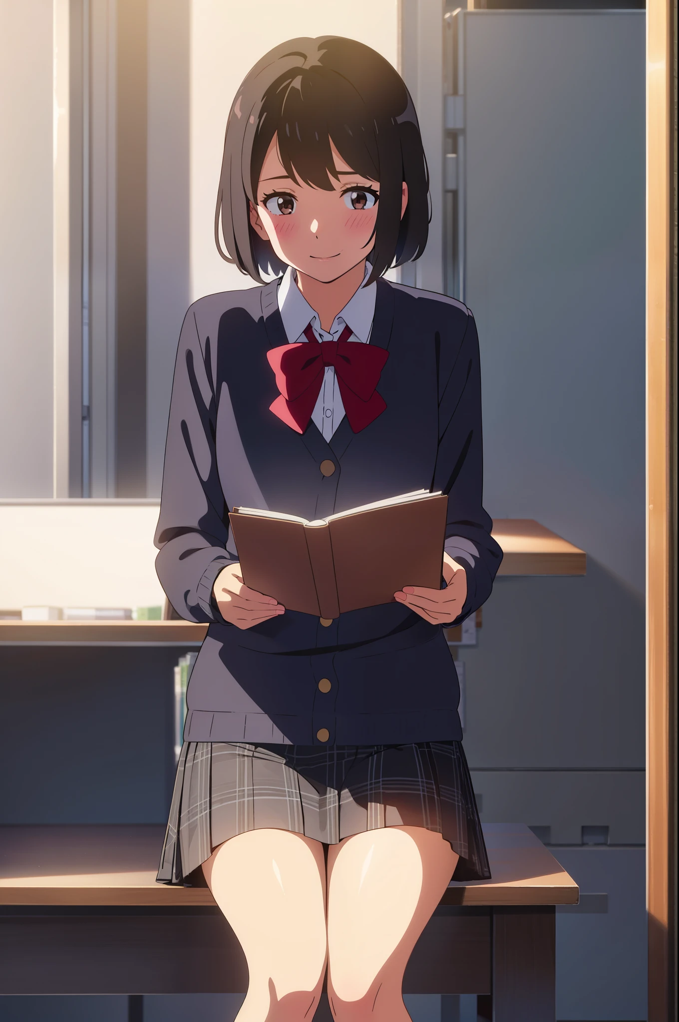 shinkai makoto, kimi no na wa., 1girl, bangs, black hair, blush, brown eyes, shinny skin, red headband, red ribbon, red bow, collared shirt, white shirt, black cardigans, black skirt, plaid skirt, short hair, cute, smile, solo, long sleeves, indoors, office background, sitting on the chair, reading a book