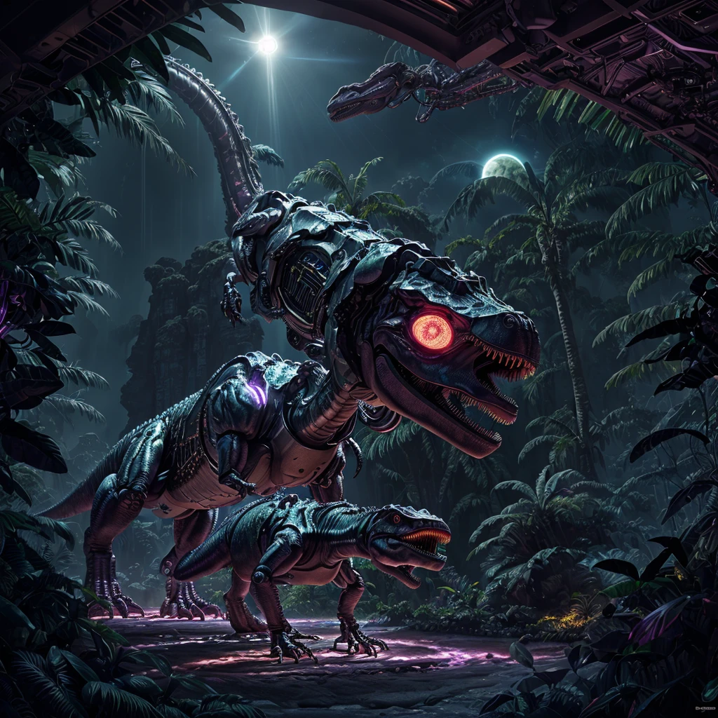 a highly advanced robotic dinosaur, robotic tropical rainforest, alien sky with two suns, purple landscape, advanced technology, futuristic, cinematic lighting, 8k, high resolution, photorealistic, detailed machinery, glowing circuits, metallic textures, dynamic composition, dramatic poses, cinematic angle
