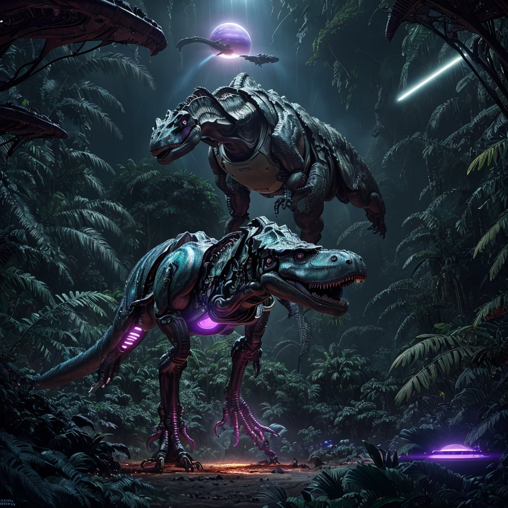 a highly advanced robotic dinosaur, robotic tropical rainforest, alien sky with two suns, purple landscape, advanced technology, futuristic, cinematic lighting, 8k, high resolution, photorealistic, detailed machinery, glowing circuits, metallic textures, dynamic composition, dramatic poses, cinematic angle