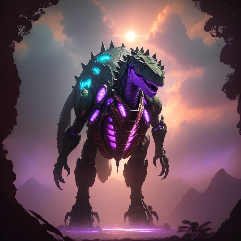 a highly advanced robotic dinosaur, robotic tropical rainforest, alien sky with two suns, purple landscape, advanced technology, futuristic, cinematic lighting, 8k, high resolution, photorealistic, detailed machinery, glowing circuits, metallic textures, dynamic composition, dramatic poses, cinematic angle