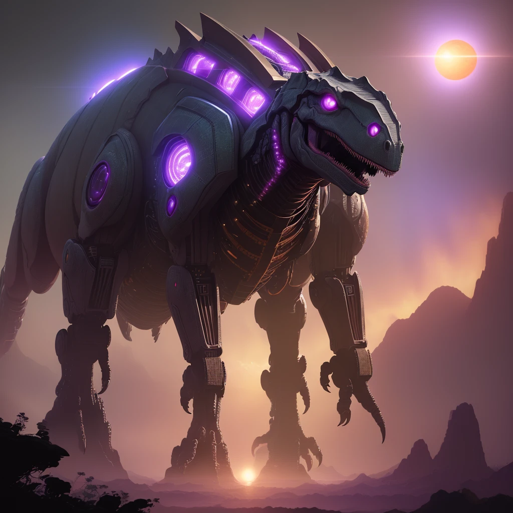 a highly advanced robotic dinosaur, robotic tropical rainforest, alien sky with two suns, purple landscape, advanced technology, futuristic, cinematic lighting, 8k, high resolution, photorealistic, detailed machinery, glowing circuits, metallic textures, dynamic composition, dramatic poses, cinematic angle