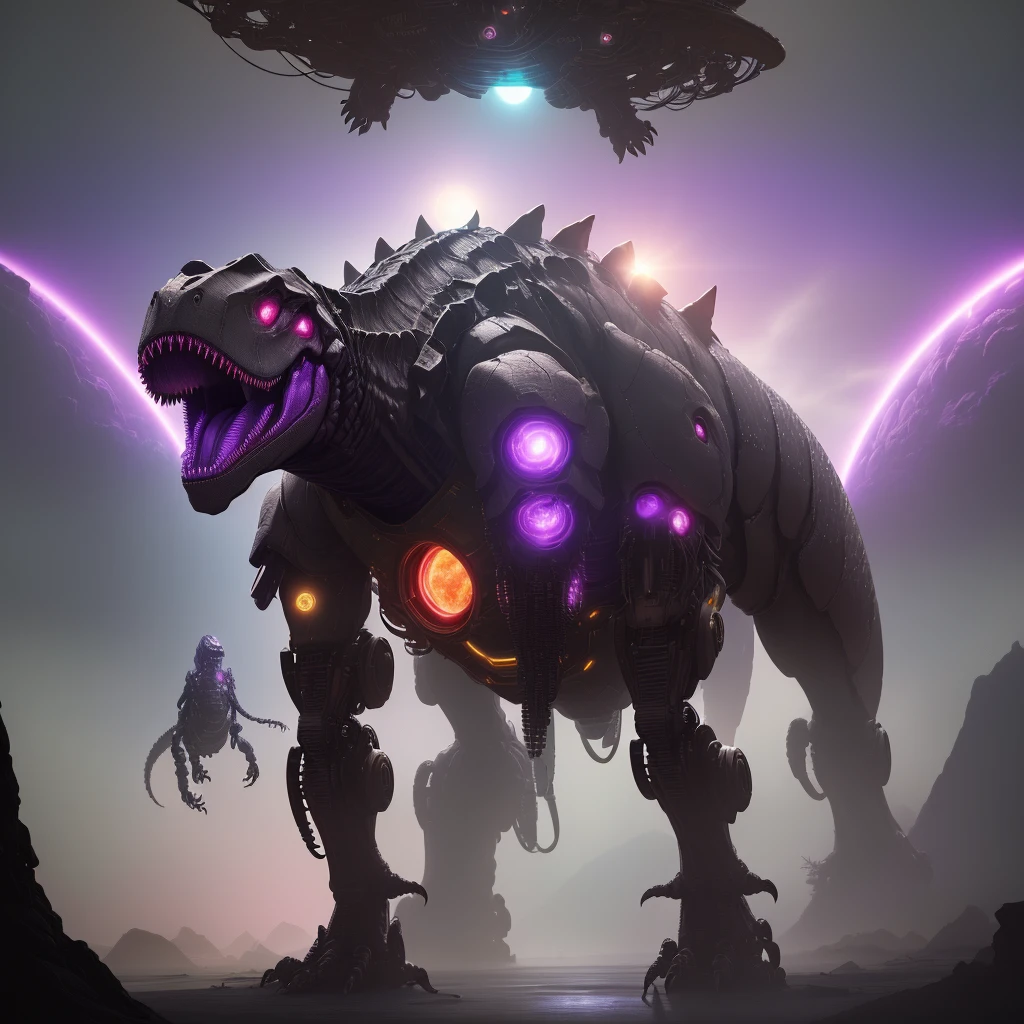a highly advanced robotic dinosaur, robotic tropical rainforest, alien sky with two suns, purple landscape, advanced technology, futuristic, cinematic lighting, 8k, high resolution, photorealistic, detailed machinery, glowing circuits, metallic textures, dynamic composition, dramatic poses, cinematic angle