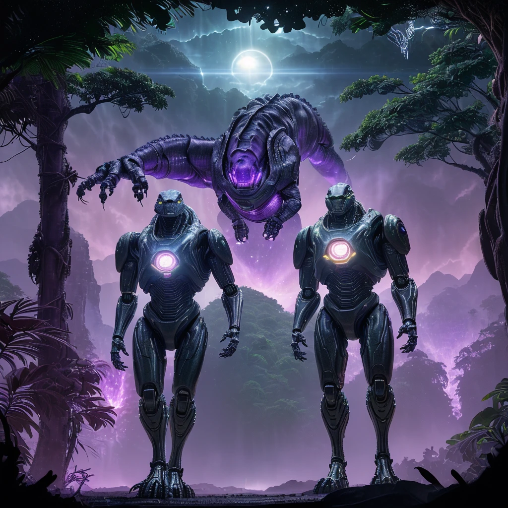 a highly advanced robotic dinosaur, robotic tropical rainforest, alien sky with two suns, purple landscape, advanced technology, futuristic, cinematic lighting, 8k, high resolution, photorealistic, detailed machinery, glowing circuits, metallic textures, dynamic composition, dramatic poses, cinematic angle