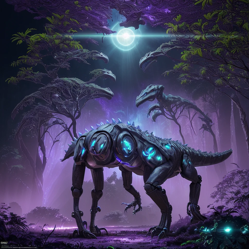 a highly advanced robotic dinosaur, robotic tropical rainforest, alien sky with two suns, purple landscape, advanced technology, futuristic, cinematic lighting, 8k, high resolution, photorealistic, detailed machinery, glowing circuits, metallic textures, dynamic composition, dramatic poses, cinematic angle