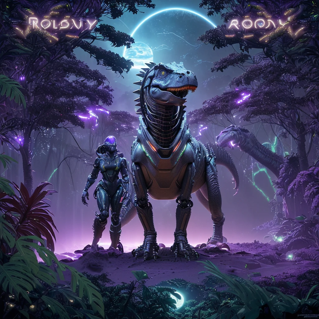 a highly advanced robotic dinosaur, robotic tropical rainforest, alien sky with two suns, purple landscape, advanced technology, futuristic, cinematic lighting, 8k, high resolution, photorealistic, detailed machinery, glowing circuits, metallic textures, dynamic composition, dramatic poses, cinematic angle