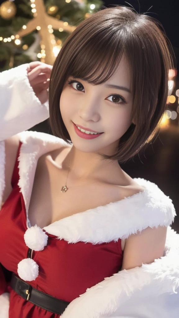 1girl, santa claus costume, symmetry, beautiful cute girl, slender figure, (ultra short hair:1.5), ultra big smile, Beautiful large round detailed eyes, beautiful detailed lips, extremely detailed face, natural makeup, (best quality,4k,8k,highres,masterpiece:1.2),(ultra-detailed,realistic,photorealistic,photo-realistic:1.37),professional,vivid colors,studio lighting,snowing night town,christmas eve
