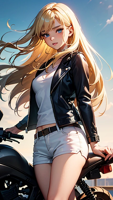 A girl is posing for a photo,pretty girl,Enchanting girl,Anime Girls,
(((One Girl,Baby Face,16 years old))),

(Glossy leather jacket、White Shirt、Black shorts、Knee-high boots),Riding on motorcycle:1.4,
((Blonde))、Hair blowing in the wind、Wavy Hair、Long Hair),(Drooping eyes,blue eyes),(Small breasts),
BREAK 

(Beautiful Hair,Shiny Hair),
(Expression of fine eyes,Beautiful and delicate eyes,Sparkling eyes,Eye Reflexes),
(double eyelid,Long eyelashes),
(Beautiful Nose,Thin Nose),
(Glossy lips,Beautiful Lips,Thick lips),
(Symmetrical facial features,Perfect Face),(((Detailed skin,Oily skin,Textured skin,Beautiful Skin))),
break 

(smile、Embarrassed),
((noon、blue sky、highway)),((front view, Cowboy Shot)),
break 

(((highest quality)),((masterpiece)),((Very detailed))),((High resolution),(8k),(16k,1080p),(Anime 2D Rendering)),(Anatomically correct),
((Realistic)), (The best CG),Highly detailed art,CG illustration,
