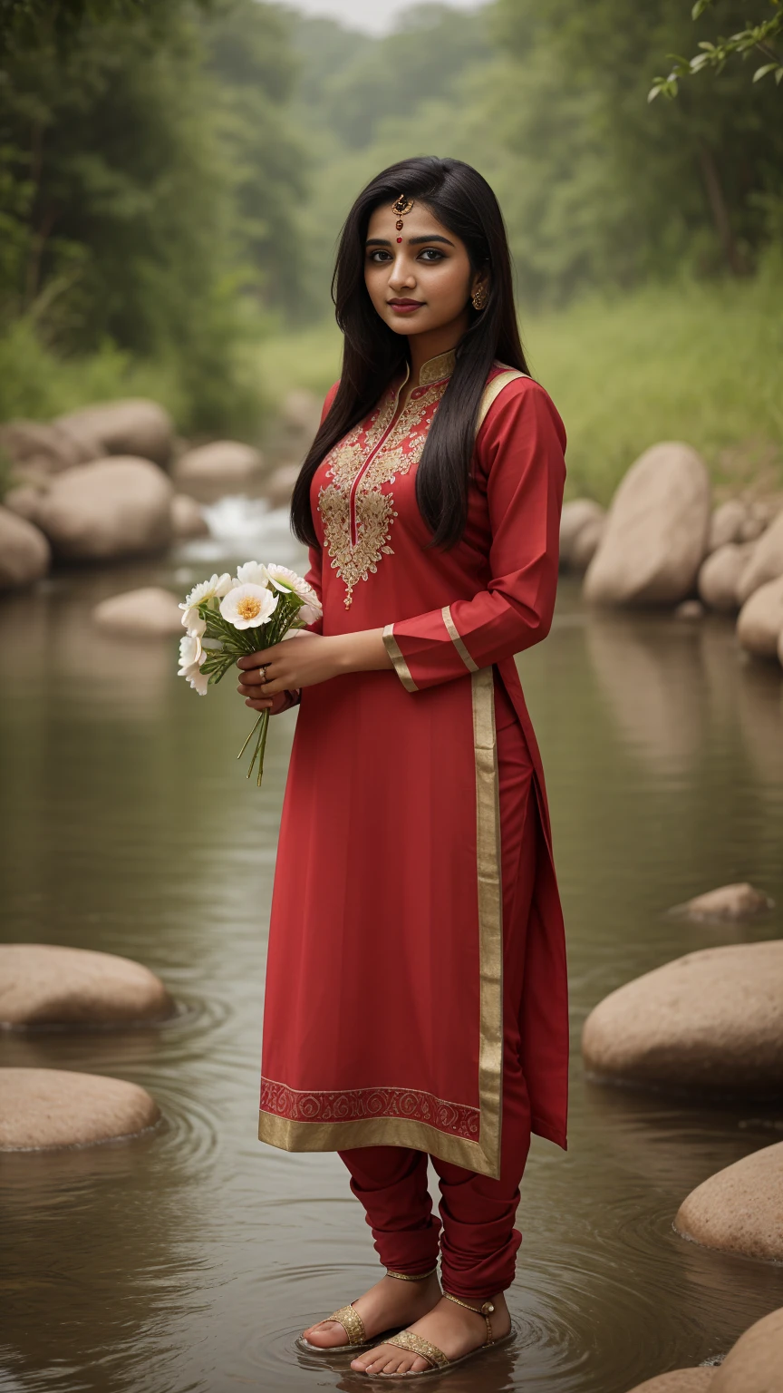 A beautiful Indian girl in salwar kameez standing by a river, with a flower in her hand, looking shyly at the camera, full body, whole body 