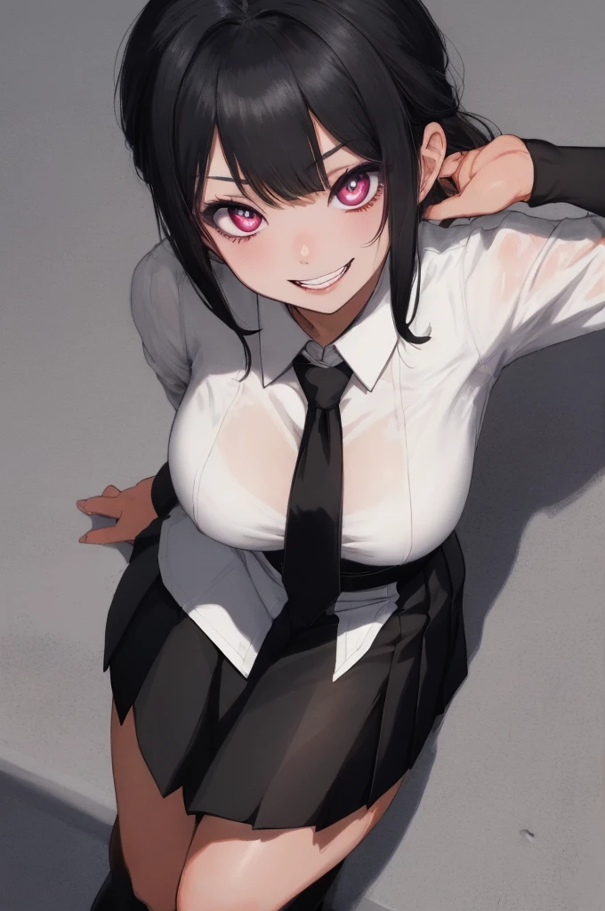 juri han, work of art, tight white secretary shirt with black tie, black high waist skirt, short skirt, black hair, black tights,evil smile,office,franja nos olhos,lighting,chifre de cabelos,view from above,olhando para cima