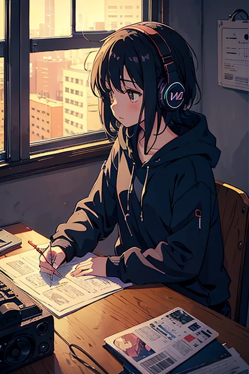night、Girl listening to music in a cozy room, Use headphones, 2D Style Anime, Lo-Fi, hard disk, Dark Environment