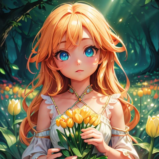 a bright and colorful portrait of a tiny girl surrounded by tall tulip flowers, (best quality,4k,8k,highres,masterpiece:1.2),ultra-detailed,(realistic,photorealistic,photo-realistic:1.37),beautiful detailed eyes,beautiful detailed lips,extremely detailed eyes and face,longeyelashes,girl in a vibrant flower garden,flowers in full bloom,vivid colors,natural lighting,warm color palette,cinematic lighting,magical realism,intricate details,whimsical,dreamlike,ethereal