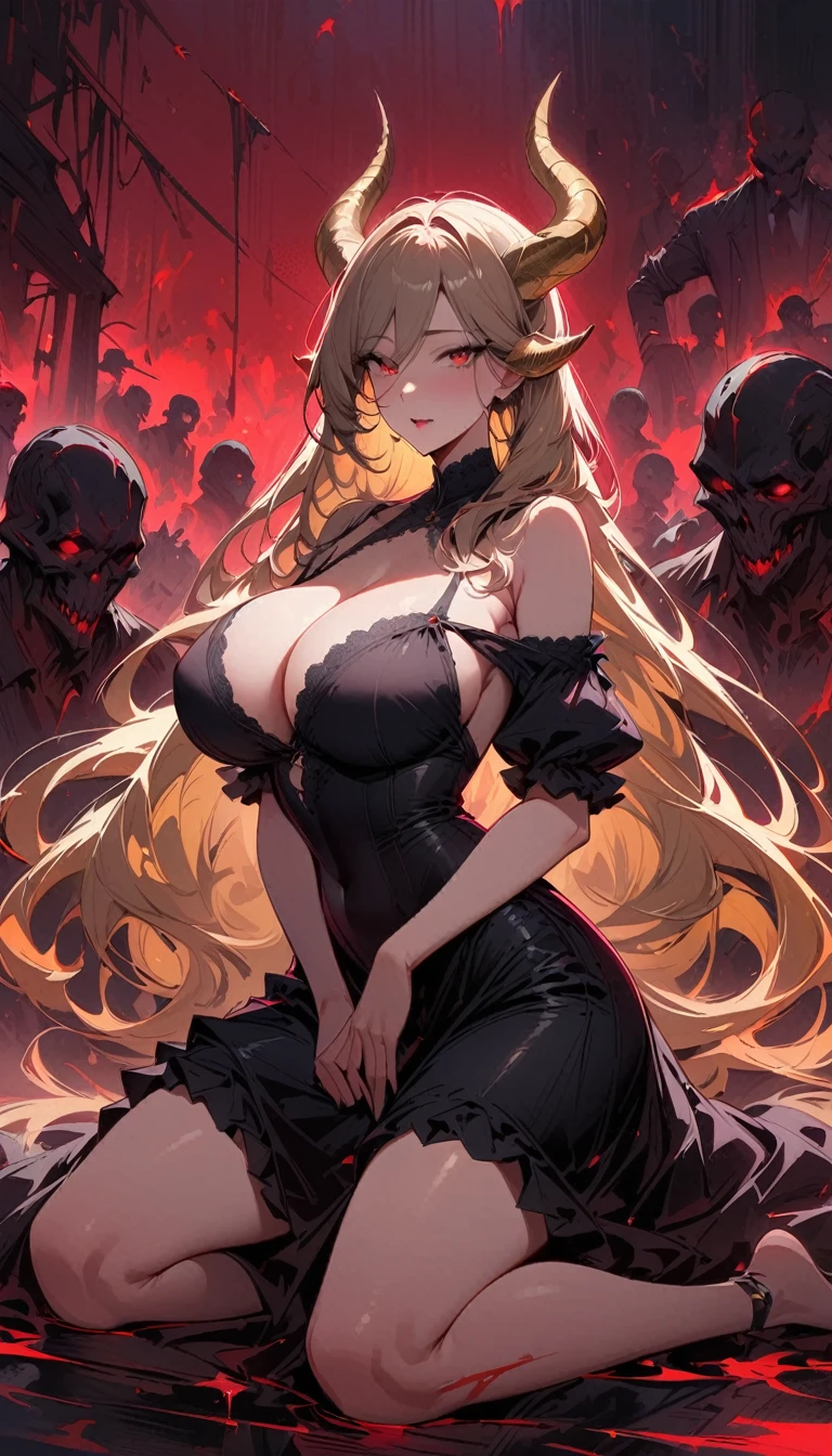 Masterpiece, very detailed, ultra detailed, one, female, (1 maid), she is in a simple maid dress, and in an elegant position, super mature, tall, milf, mature mother, super long hair, golden hair, with ultra-golden hair and combed on the sides, golden dragon horns, beautiful, charming, glowing blood-red eyes, elegant, big breasts (huge), naked breasts, cheerful breasts, kind face, charming, bright red background, dead atmosphere, against the background of zombies and ghouls.