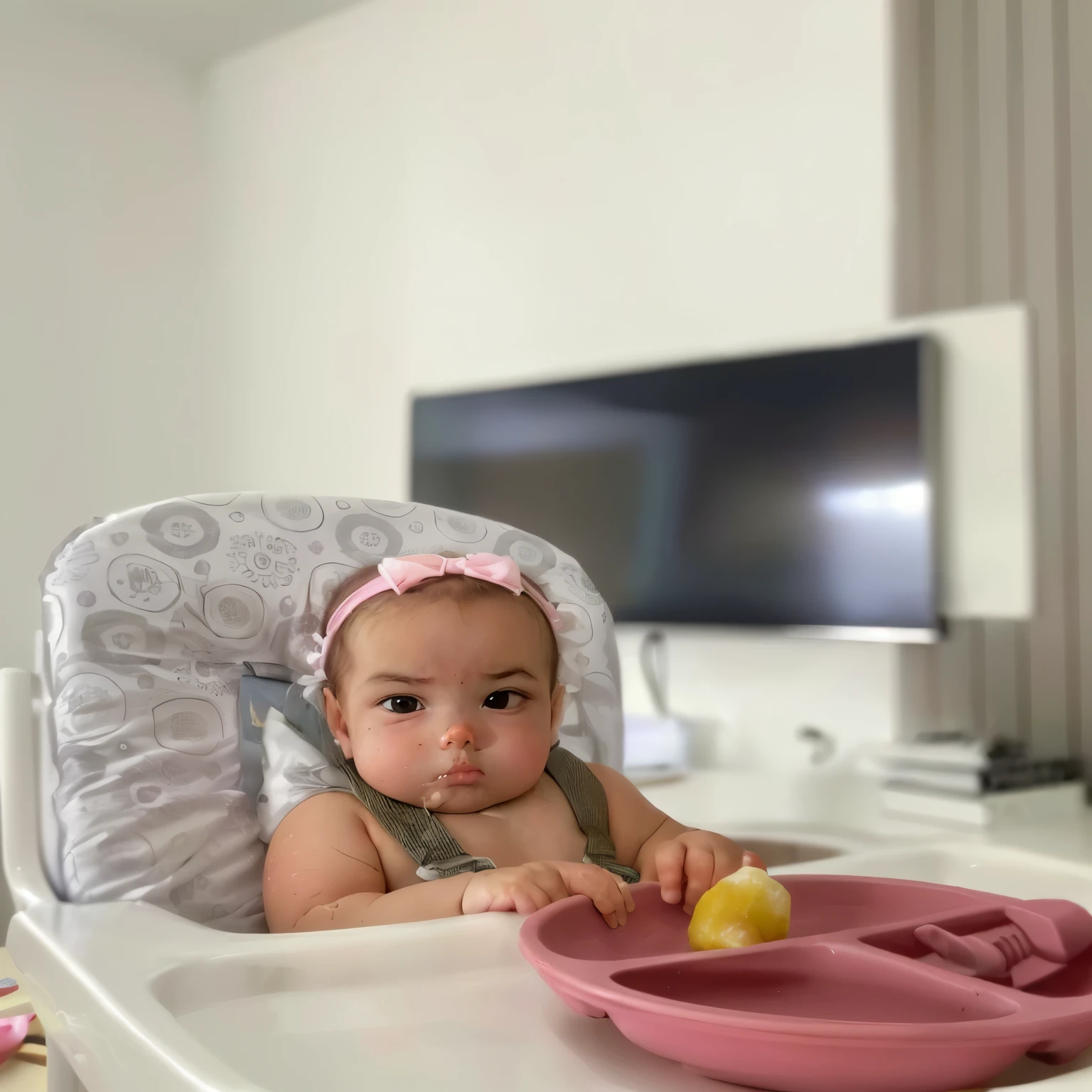 There is a  sitting in a high chair with a bowl, Serious expression, looking serious, intense expression, bochechas rosadas, sentado em sua cadeira alta, fazendo um lanche, Violeta Myers, 😭 🤮 💕 🎀, serious face, Bella Poarca, alexa grace, serious look, worried expression, babies on her lap, imagem de alta qualidade