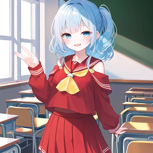 One girl、、Light blue hair、Shoulder-length hair、Red Sailor Suit、skirt、Wide Eyes、The best smile、Wink、piece、classroom、whole body、Everyone's Idol、Smile