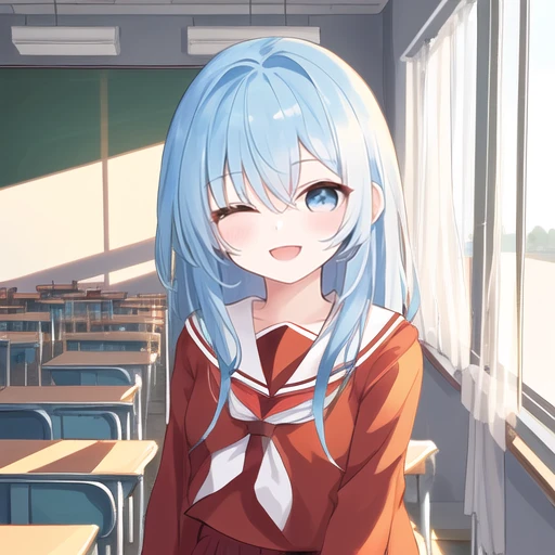 One girl、12 years old、Light blue hair、Shoulder-length hair、Red Sailor Suit、skirt、Wide Eyes、The best smile、Wink、piece、classroom、whole body、Everyone's Idol、Smile