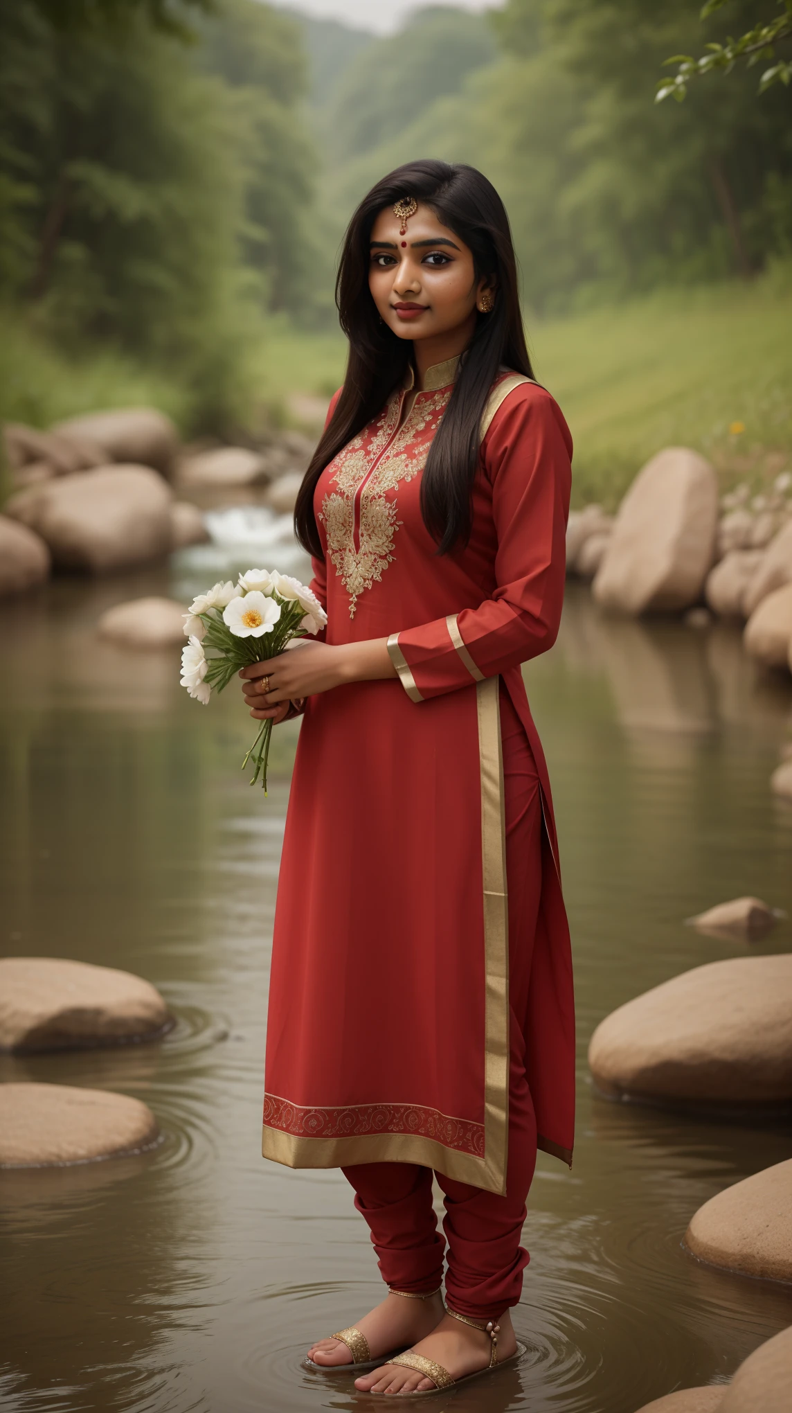 A beautiful Indian girl in salwar kameez standing by a river, with a flower in her hand, looking shyly at the camera, full body, whole body
