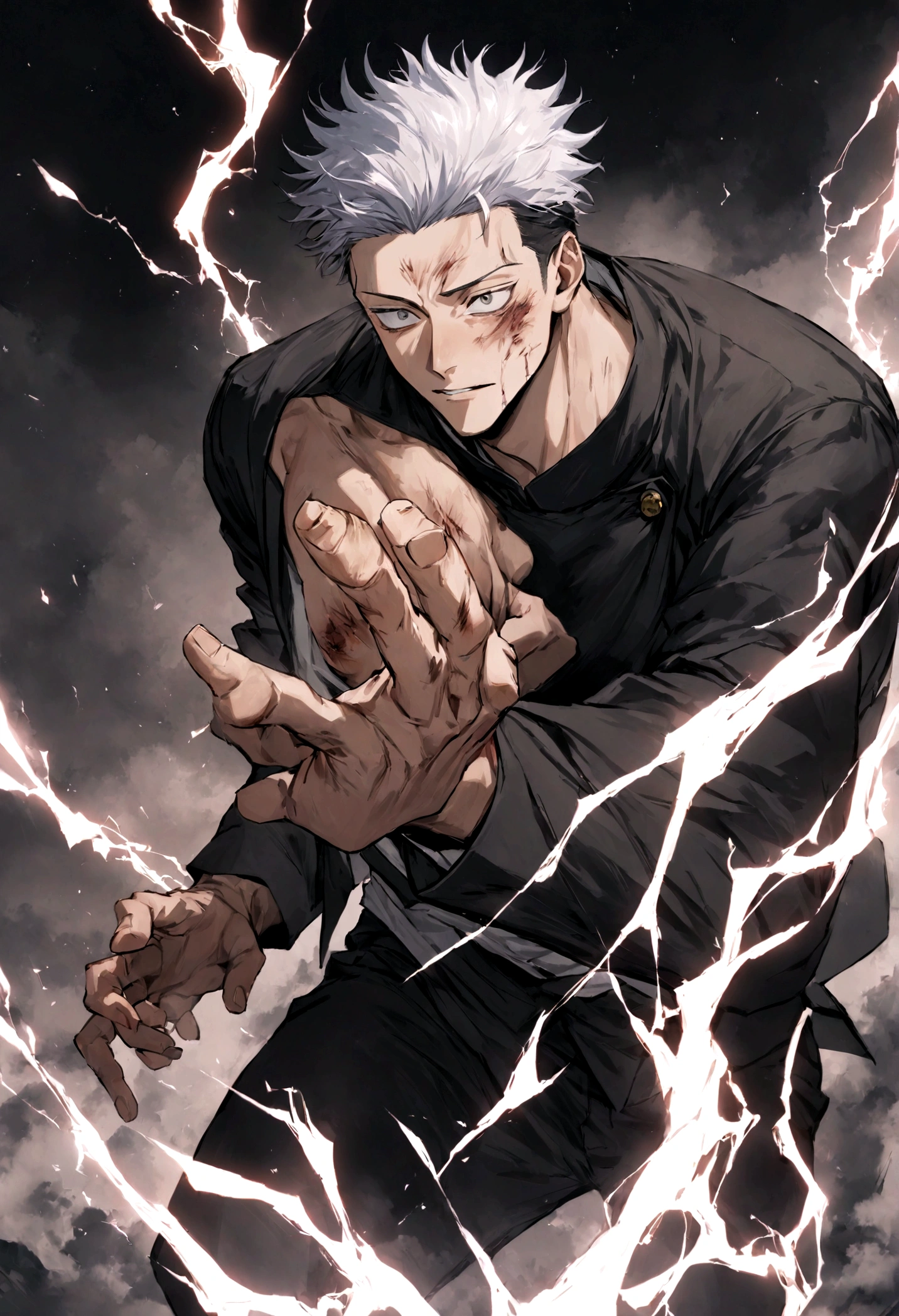 1 boy, Men's Center, Satoru gojou,Jujutsu Kaisen、Injury, electricity,, masterpiece, highest quality, so beautiful,、cool、、strongest、