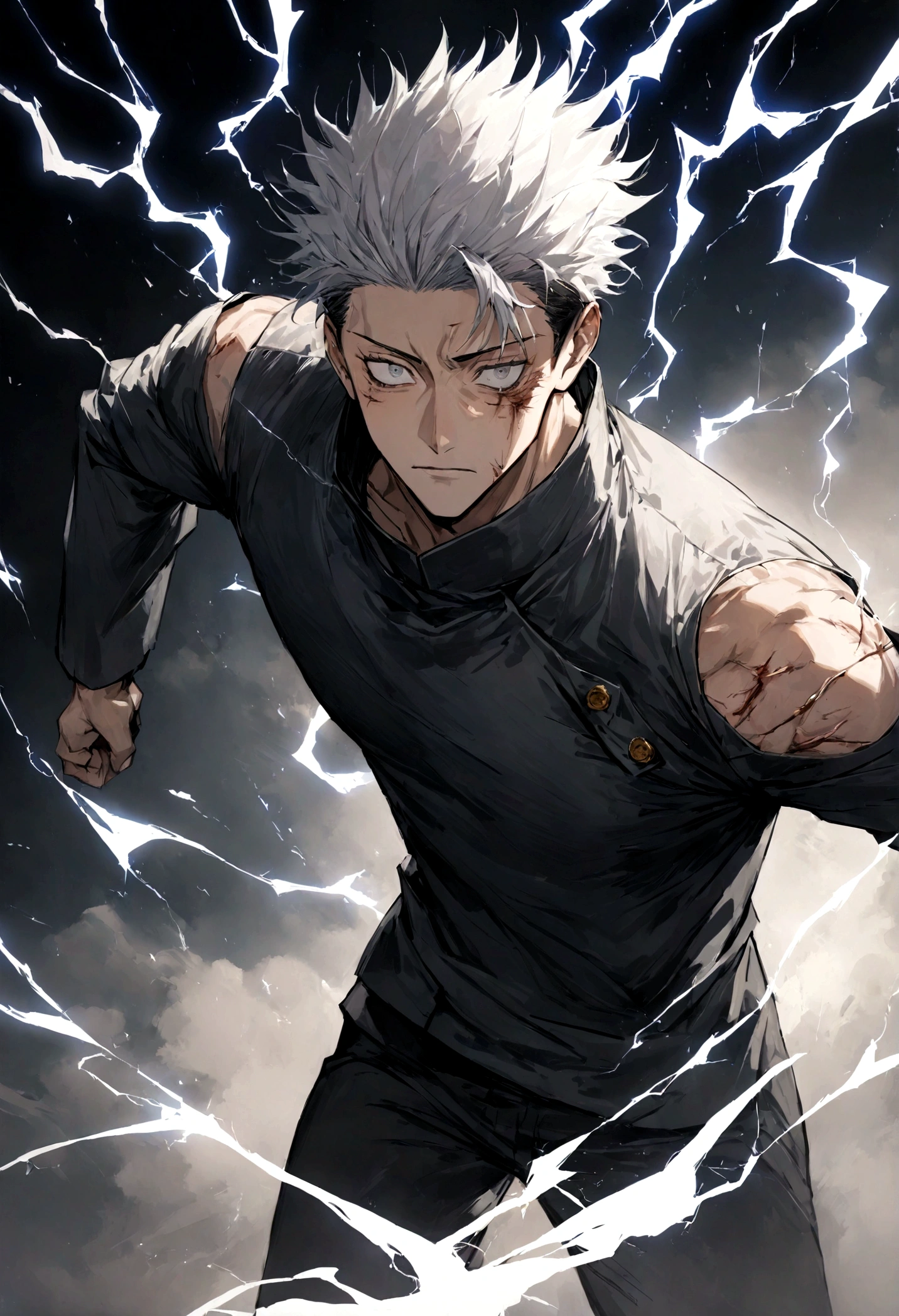 1 boy, Men's Center, Satoru gojou,Jujutsu Kaisen、Injury, electricity,, masterpiece, highest quality, so beautiful,、cool、、strongest、