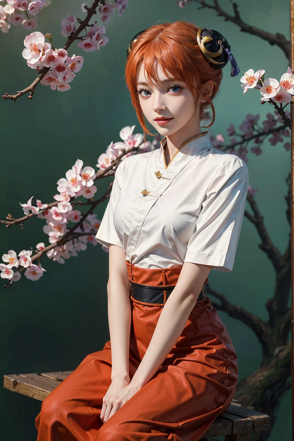 Gintama, Kagura, Orange hair, red dress, double bun, bun cover, china dress, chinese clothes, knee boots, short sleeves, small breasts, Blue eyes, tree, (in_tree), on branch, v,, (masterpiece:1.3), (best_quality:1.3), (ultra_detailed:1.3), 8k, extremely_clear,, 1girl, solo,, outdoors,, insane details, intricate details, hyperdetailed, ultra detailed, extreme detailed, highest detailed, high_detail, colorful, beautiful, hdr, photorealistic, highres, ultra_high_res, photography, aesthetic, extremely_delicate,, seductive_smile,