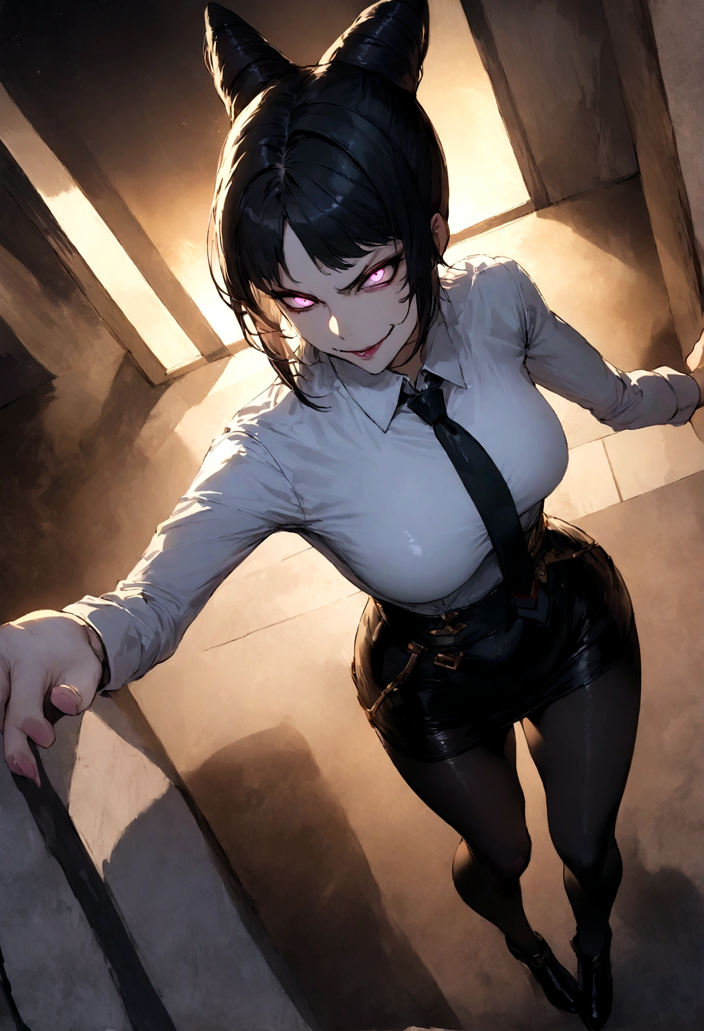 juri han, work of art, tight white secretary shirt with black tie, black high waist skirt, short skirt, black hair, black tights,evil smile,office,franja nos olhos,lighting,chifre de cabelos,view from above,olhando para cima