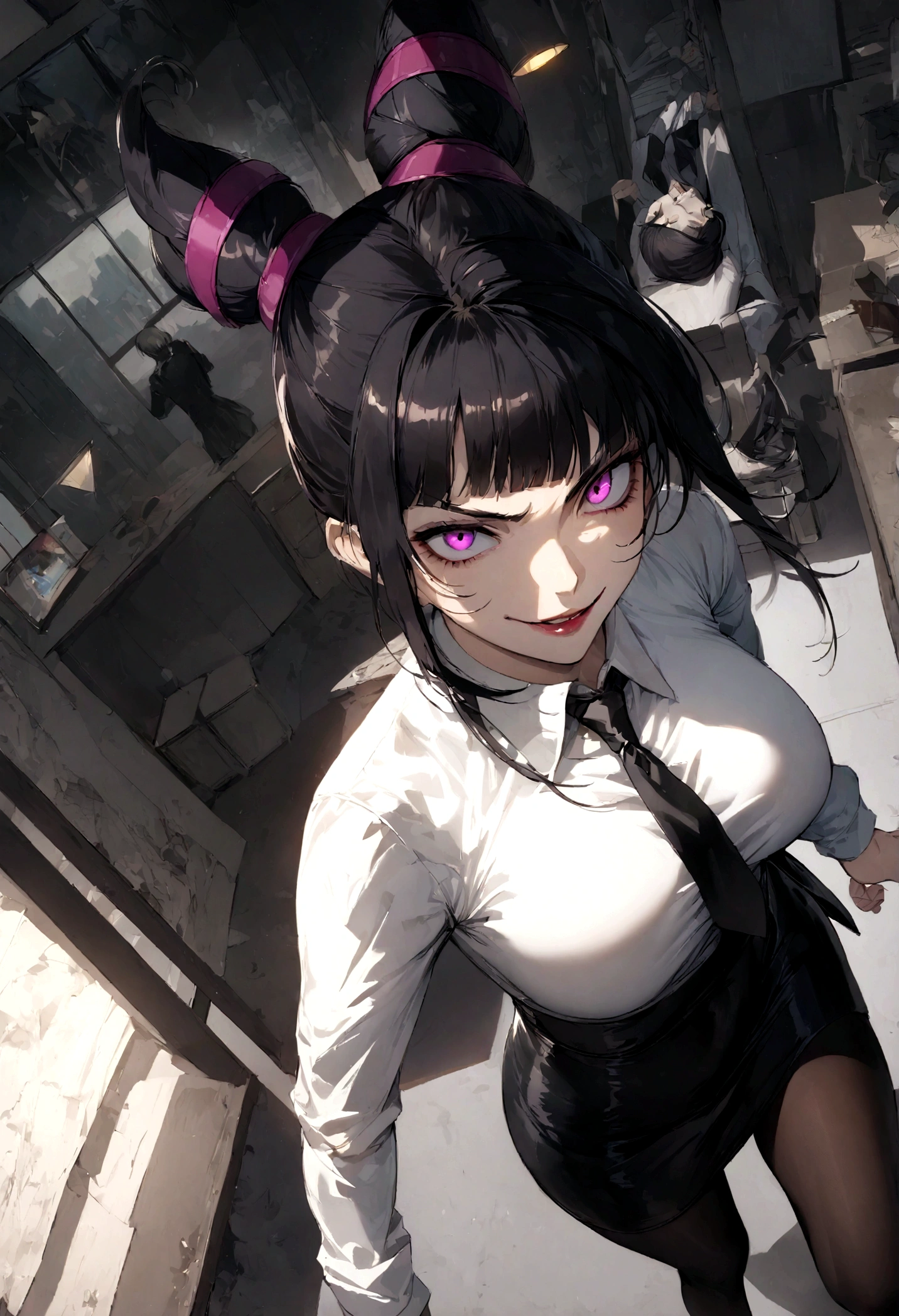 juri han, work of art, tight white secretary shirt with black tie, black high waist skirt, short skirt, black hair, black tights,evil smile,office,franja nos olhos,lighting,chifre de cabelos,view from above,olhando para cima