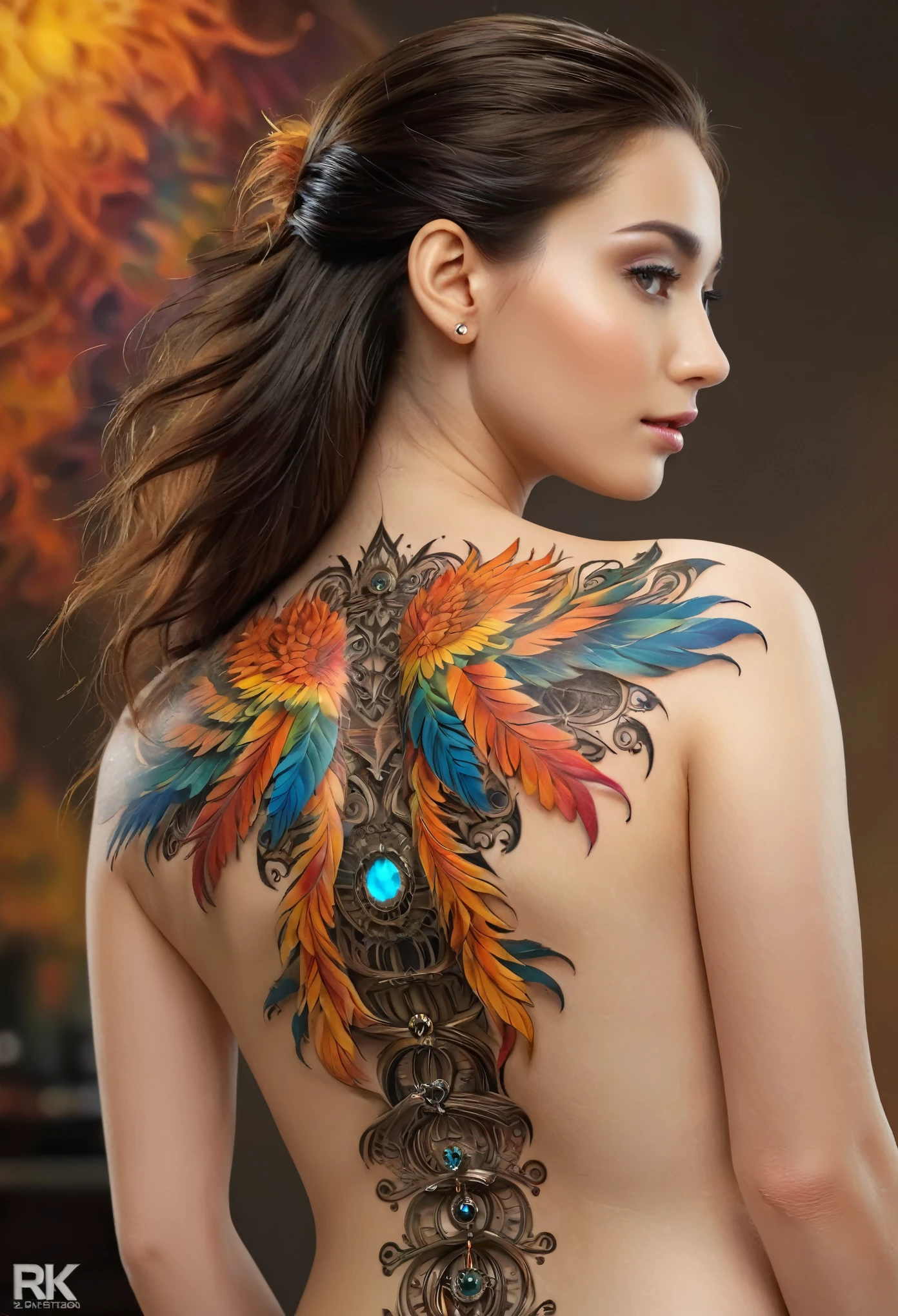 (best quality,4k,8k,highres,masterpiece:1.2),ultra-detailed,(Ultra-realistic, photorealistic,photo-realistic:1.37), from back, a beautiful young woman with a complex and colorful phenix tattoo on her back, 20yo, intricate detailed fractal tattoo, realistic detailed colorful tattoo, highly detailed body art, delicate female portrait, flawless skin, white skin, pale skin, piercing eyes, elegant facial features, flowing hair, dynamic pose, dramatic shadows, vibrant colors, fantasy art, digital painting, concept art, hyper realistic, 8k, best quality, her back to the viewer, delicate fractal tattoo on her bare back, professional photography, high quality, detailed, photorealistic, soft natural lighting, warm color palette, serene atmosphere, intricate tattoo details, graceful pose,