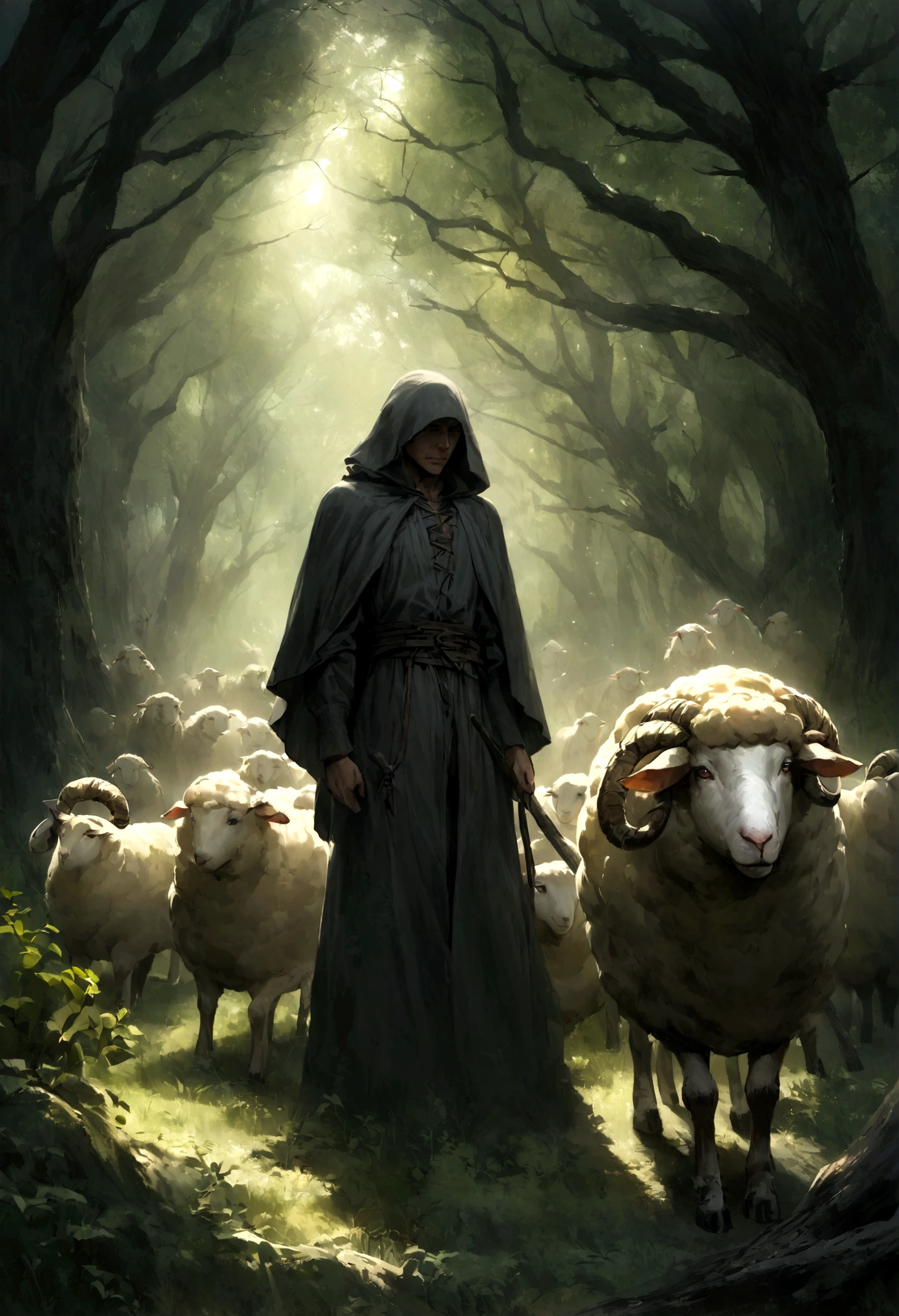 A photorealistic image of a lone shepherd standing amidst a dense, overgrown forest of gnarled trees. The shepherd is cloaked in a dark, tattered robe and their face is obscured by shadows. They hold a weathered crook in one hand and a lantern in the other, the lantern's flickering light casting eerie shadows that dance among the trees. The sheep graze nervously around the shepherd, their wool matted and their eyes wide with fear. The air is thick with fog and the only sound is the creaking of the trees in the wind.