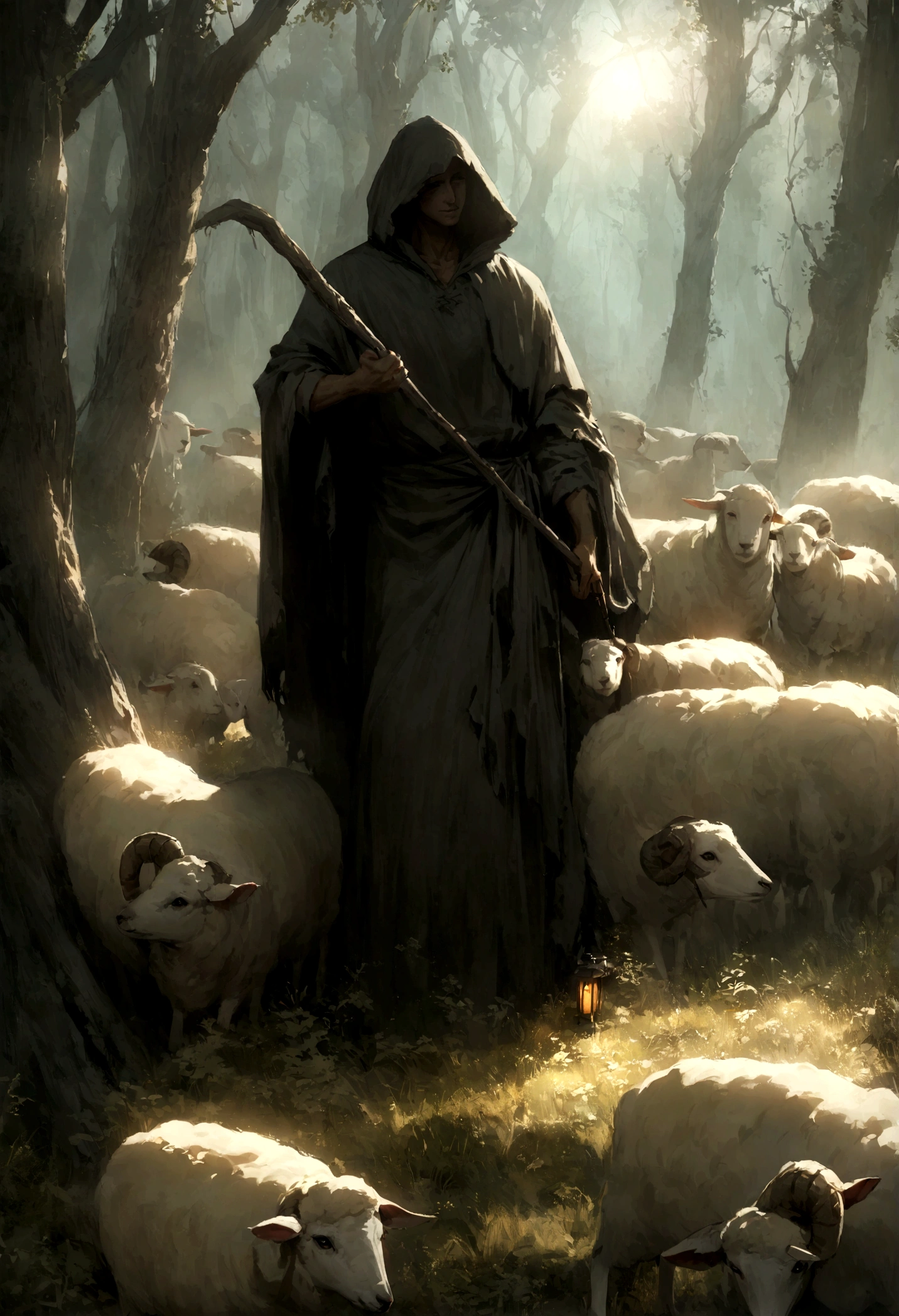 A photorealistic image of a lone shepherd standing amidst a dense, overgrown forest of gnarled trees. The shepherd is cloaked in a dark, tattered robe and their face is obscured by shadows. They hold a weathered crook in one hand and a lantern in the other, the lantern's flickering light casting eerie shadows that dance among the trees. The sheep graze nervously around the shepherd, their wool matted and their eyes wide with fear. The air is thick with fog and the only sound is the creaking of the trees in the wind.