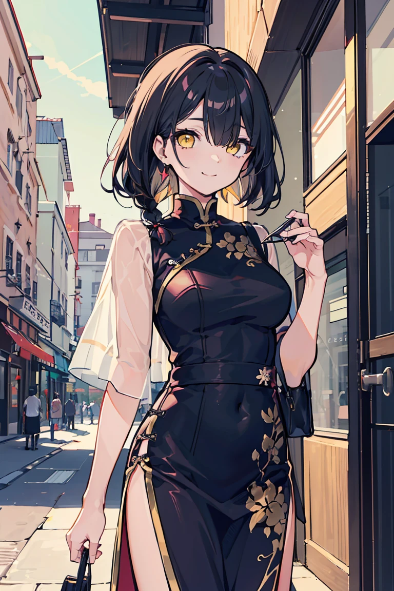 (1 girl), (((Hair in one eye))), Cowboy Shot, Red Chinese Dress, waitress, smile, China Hotel, (super high quality), masterpiece, cute, Looks busy, She is wearing fashionable clothes, beautiful表情 , Warm sunshine, Street atmosphere, urban environment. Perfect body,Fresh, (Asymmetrical bangs:1.3), Braided hair, Highly detailed face and eyes, (Black Hair, Deep gradation yellow eyes:1.2),(Shining highlight eye), Digital Art, beautiful, Cinema Lighting, by Yusuke Murata.tonality, Romanticism, modern art, Impressionism, reflected light, 8k, masterpiece, Advanced Details, highest quality