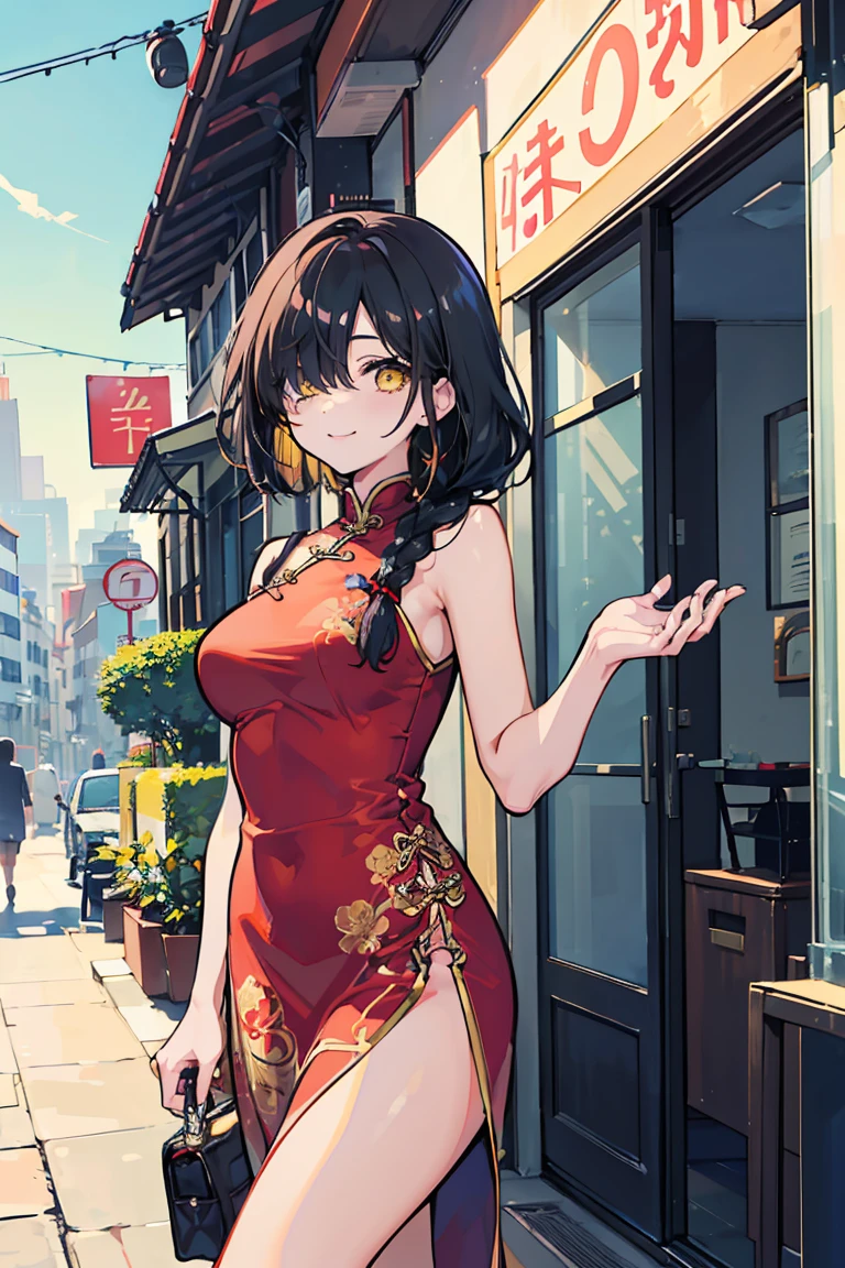 (1 girl), (((Hair in one eye))), Cowboy Shot, Red Chinese Dress, waitress, smile, China Hotel, (super high quality), masterpiece, cute, Looks busy, She is wearing fashionable clothes, beautiful表情 , Warm sunshine, Street atmosphere, urban environment. Perfect body,Fresh, (Asymmetrical bangs:1.3), Braided hair, Highly detailed face and eyes, (Black Hair, Deep gradation yellow eyes:1.2),(Shining highlight eye), Digital Art, beautiful, Cinema Lighting, by Yusuke Murata.tonality, Romanticism, modern art, Impressionism, reflected light, 8k, masterpiece, Advanced Details, highest quality