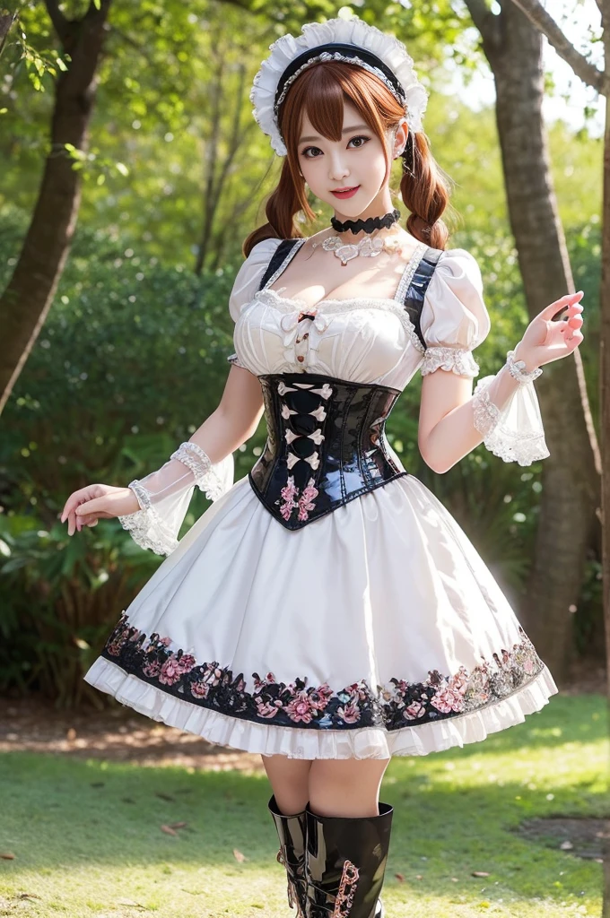 (nsfw), sexy stylish Japanese model, only 1 female, ((doll-like appearance)), short Auburn stylish hair, ((shiny Victorian-Style boots)), (big smile), ultra detailed eyes, vivid eye makeup, lip-gloss, long lashes, defined eyebrows, ((sexy Paradise Kiss cosplay)), bell-shaped skirt, petticoats, high neckline, puffed sleeves, ((ultra detailed lace)), ((ultra detailed embroidery)), intricate details, Paradise Kiss accessoires and matching headpiece, choker, ((large sparkling Paradise Kiss jewelry)), cinematic light, detailed large park background with trees