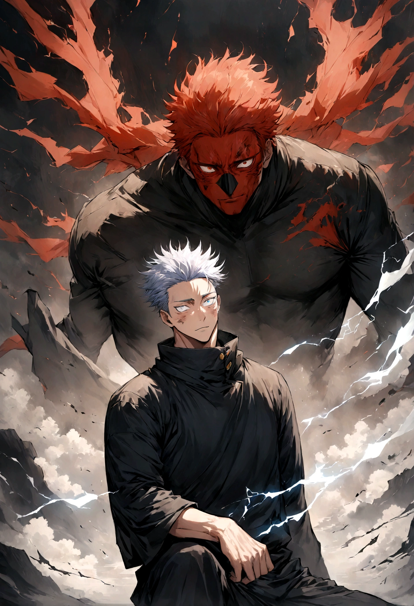 1 boy, Men's Center, Satoru gojou,Jujutsu Kaisen、Injury, electricity,, masterpiece, highest quality, so beautiful,、cool、、strongest、