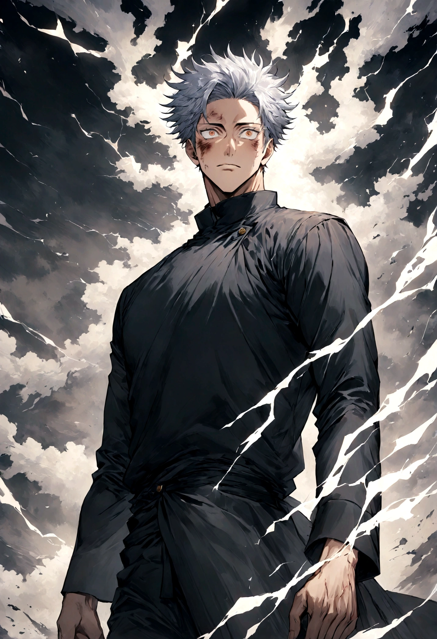 1 boy, Men's Center, Satoru gojou,Jujutsu Kaisen、Injury, electricity,, masterpiece, highest quality, so beautiful,、cool、、strongest、