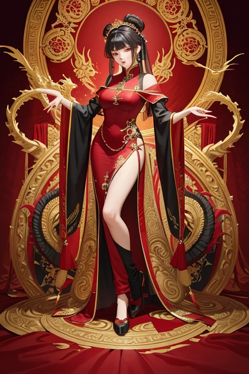 (Magnificent Masterpiece, Exceptional Quality)
1. Girl, Solo, Empress, China Dress, Dramatic Dragon, Black Hair, Red Eyes
(Dragon Tail, Imperial Spirit, China Dynasty)
She stands resplendent, a solitary figure draped in an ornate, red-hued China dress. Her black hair flows like cascading ink over her shoulders, framing the regal countenance of her striking red eyes. Beneath her feet, a grand, lifelike dragon lies coiled, its majestic scales shimmering in the soft light.
The imperial style of the China dress is evident in its intricate patterns