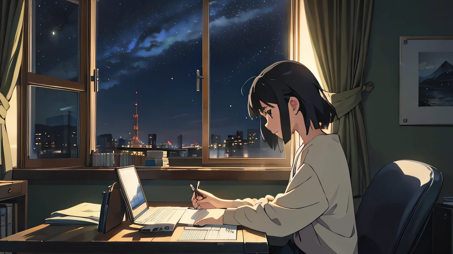 night、Girl listening to music in a cozy room, Use headphones, 2D Style Anime,Writing in a notebook with a pen, hard disk, Dark Environment,window,Starry Sky,profile,studio ghibli artstyle, Hayao Miyazaki Style,Makoto Shinkai