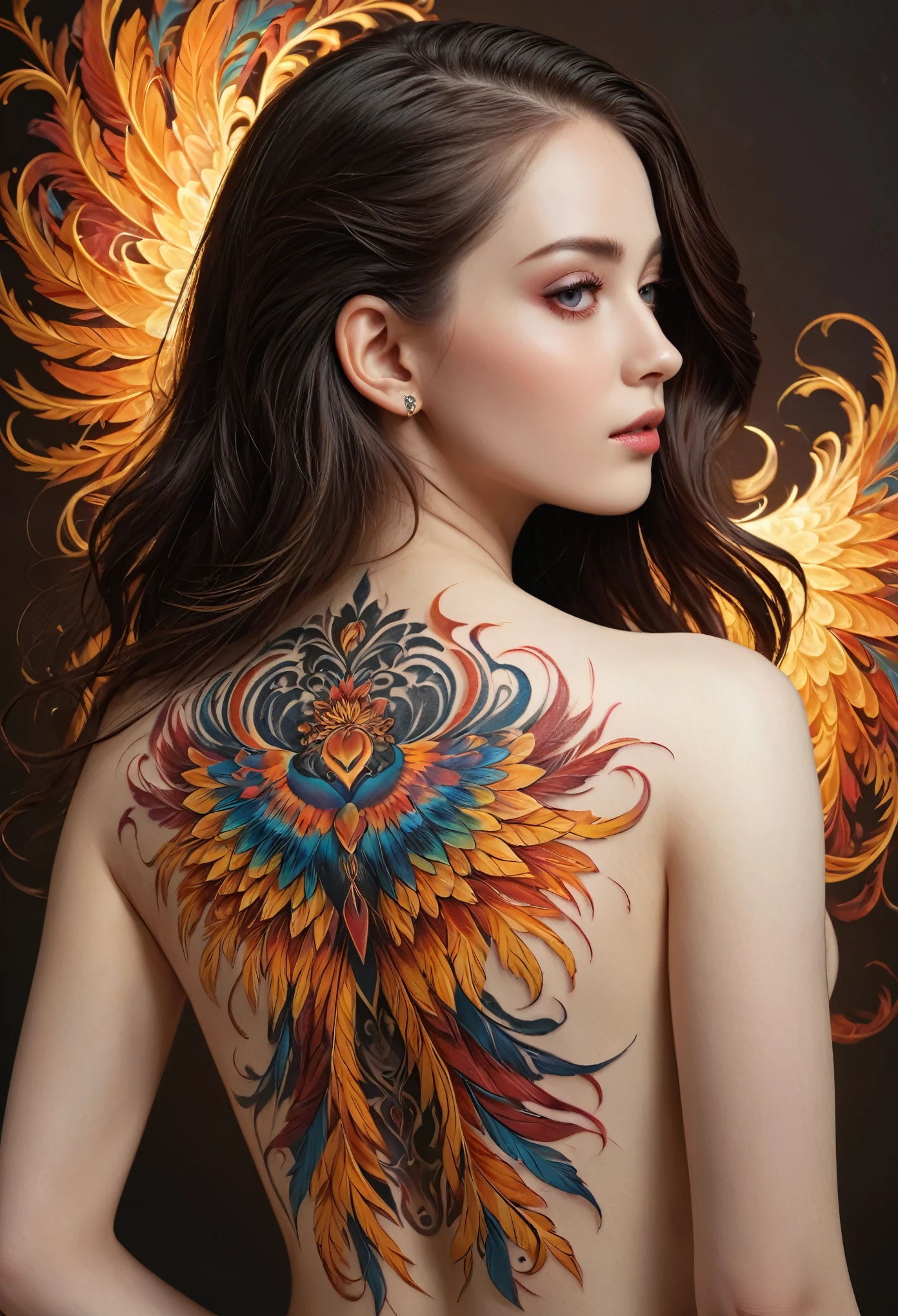 (best quality,4k,8k,highres,masterpiece:1.2),ultra-detailed,(Ultra-realistic, photorealistic,photo-realistic:1.37), from back, a beautiful young woman with a complex and colorful phenix tattoo on her back, 20yo, intricate detailed fractal tattoo, realistic detailed colorful tattoo, highly detailed body art, delicate female portrait, flawless skin, white skin, pale skin, piercing eyes, elegant facial features, flowing hair, dynamic pose, dramatic shadows, vibrant colors, fantasy art, digital painting, concept art, hyper realistic, 8k, best quality, her back to the viewer, delicate fractal tattoo on her bare back, professional photography, high quality, detailed, photorealistic, soft natural lighting, warm color palette, serene atmosphere, intricate tattoo details, graceful pose,