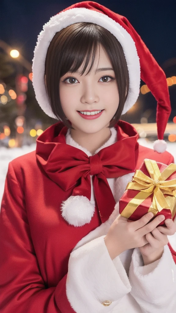 1girl, santa claus costume, symmetry, beautiful cute girl, slender figure, (ultra short hair:1.5), ultra big smile, Beautiful large round detailed eyes, beautiful detailed lips, extremely detailed face, natural makeup, (best quality,4k,8k,highres,masterpiece:1.2),(ultra-detailed,realistic,photorealistic,photo-realistic:1.37),professional,vivid colors,studio lighting,snowing night town,christmas eve,Presents for viewers