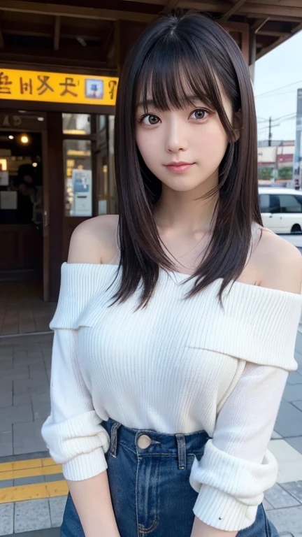 8K、Detailed Description、Very high definition、Realistic、reality的、Real、live-action、reality、High resolution、Nogizaka46、japanese idol,beautiful girl、21 years old、Dark brown eyes、sunny、summer、blue sky、Railway stations、Are standing、Back view、look back、Holding a Starbucks coffee in your hand、black off shoulder tops、White tight pants、Straight Hair、Long Hair、blunt bangs,light smile,closed mouth,Knee-up-top angle of view、Back view、look back、Very black hair、pretty girl、Beauty、Glowing Skin、Glowing Skin、Shiny Hair、Hair blowing in the wind、Very white skin、Heavy makeup、Large Breasts、Slit eyes、Big Eyes、Dark brown eyes、Double eyelids、Don't show your teeth、Hang the bag over your shoulder