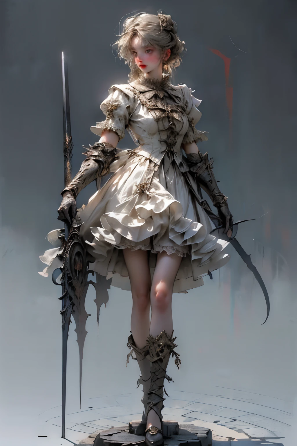 ((best quality)), ((masterpiece)), (detailed), perfect face ((best quality)), ((masterpiece)), (detailed), blank white background, plain background, white background, Bloodborne inspired,  occult aesthetic, occult, detailed and intricate steampunk and detailed gothic, (zentangle, mandala, tangle, entangle),  NSFW, torn clothing, Very dramatic and cinematic lighting, cosmic horror, grim-dark, side-lighting, perfect face, a beautiful goddess adorned and enshrined in armour, Bloodborne inspired , occult aesthetic , occult , detailed and intricate steampunk and detailed gothic , wielding a sword and holding a shield, NSFW, Fluttering lace flared short dress with frilly petticoats, knee length dress, pleated petticoats, lolita dress, petticoats gothic lolita, side-lighting, gothic lolita aesthetic, beautiful small breasts, small breasts, full body, whole body, body, plain background, white background, blank background, no background, white background NSFW, full body, whole body, head-to-toe