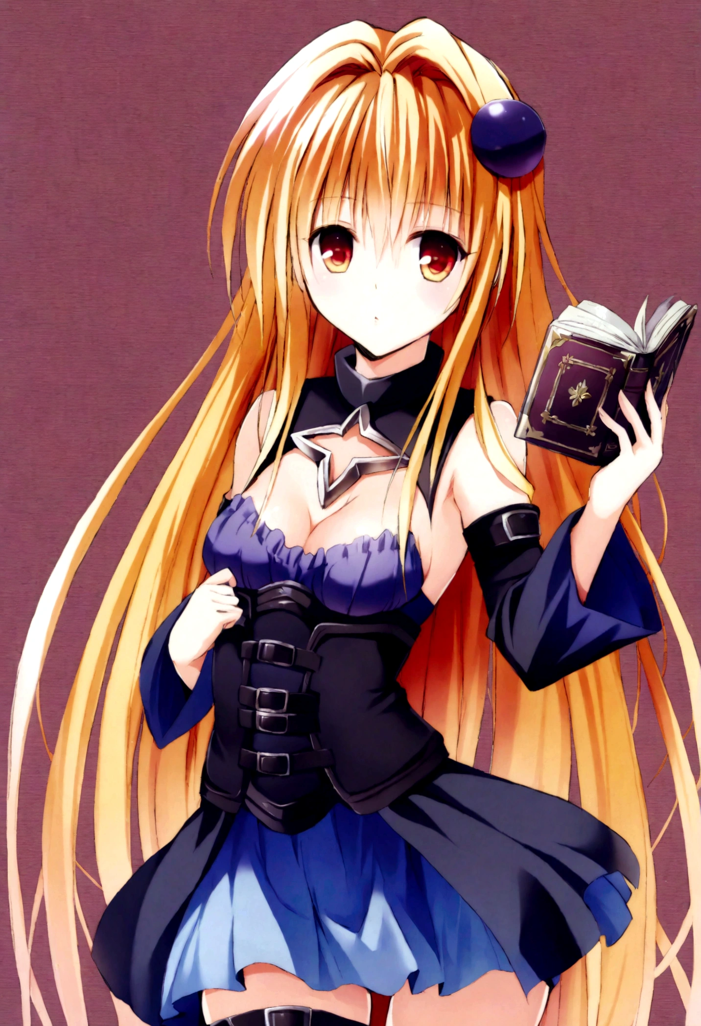 Golden Night, 1 Girl, Solitary, long hair, Blonde Hair, Book, Thigh straps, Separate sleeves, very long hair, Red Eyes, White background, Keep, Both sides up, Cleavage cut, Hair accessories, Keep Book, breast, Garment cutting, Simple background, looking at the audience, Bare shoulders, High Leg Raise, Cowboy shooting, small breast, Black skirt, belt,