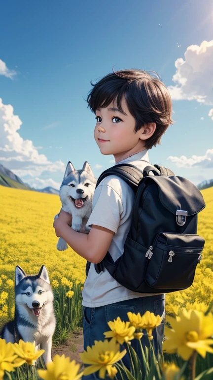 A very charming boy with a backpack and her cute puppy (husky) enjoying a lovely spring outing surrounded by beautiful yellow flowers and nature. 4K resolution, HD, illustrations, very detailed, facial features, cartoons, visual effects.