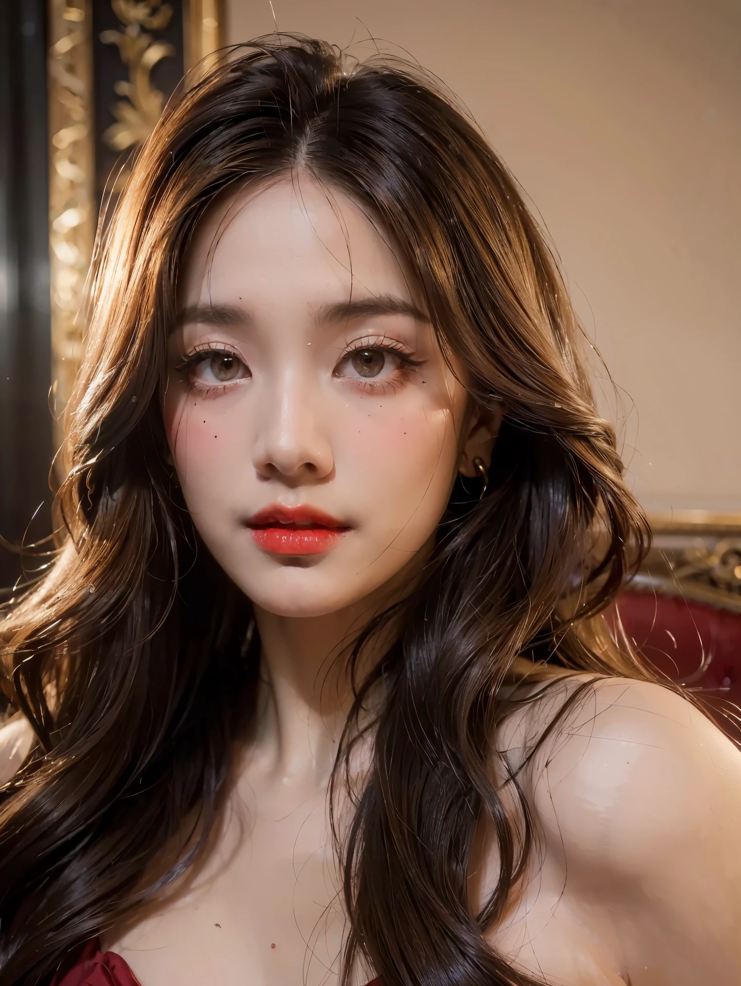(best quality, highres, realistic:1.37), detailed eyes, red lips, flowing hair, elegant pose, soft lighting, classical portrait style, vibrant colors