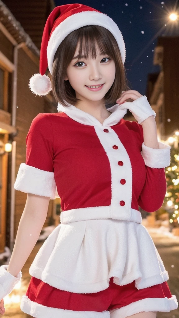 1girl, santa claus costume, symmetry, beautiful cute girl, slender figure, (ultra short hair:1.5), ultra big smile, Beautiful large round detailed eyes, beautiful detailed lips, extremely detailed face, natural makeup, (best quality,4k,8k,highres,masterpiece:1.2),(ultra-detailed,realistic,photorealistic,photo-realistic:1.37),professional,vivid colors,studio lighting,snowing night town,christmas eve,I have a present