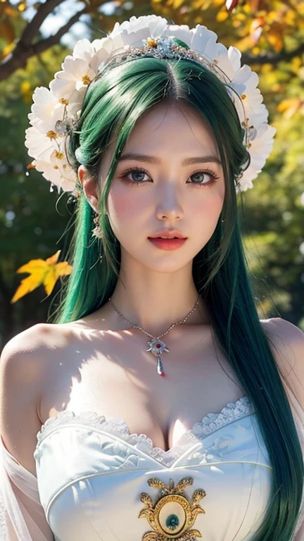blue eyes, (highest quality, masterpiece painting:1.3), Mature Woman, 20-year-old, (Half Body Shot), masterpiece, Ultra-high resolution, (Photorealistic:1.0), Green Hair, Beautiful and shiny hair, White and glowing skin, ((Ultra-Realistic Details)), Octane Rendering, Highly detailed face, (Big Breasts:0.8),(Sexy and cute Chinese dress,Red and white contrast outfit,Delicate decoration:1.2), Open neckline, (necklace:1.0),Cleavage, Perfect body, Soft Skin, Anime Face, Perfect Face, Perfect Eyes, Looking at the audience, Smart, Autumn leaves under the tree background, Autumn leaves falling, Outdoor,shrine, Sharp focus, Intricate details, Professional artwork, (Bright colors:1.1), Bright colors, diffused Lighting, Digital Blending, Ultra high definition body, Ultra detailed hair, Highly detailed face, that'that'Trending on pixiv, Open the top button, Cute gaze, Compensate, Perfect Lips, perfect Compensate, Ultra-precision coating, (Light_smile:1.0), (Very embarrassed:0.8),