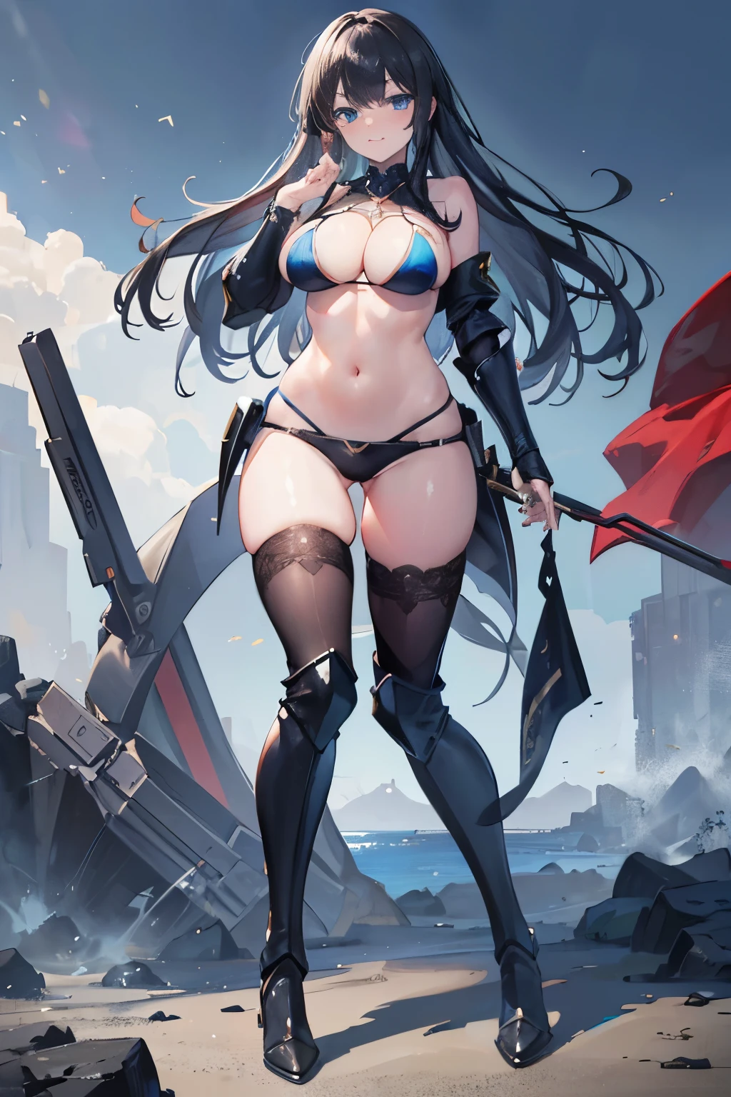 (high quality,4k,8k,highres,masterpiece:1.2),black hair,blue eyes,bikini armor, embarrassed, high heel boots, thigh highs